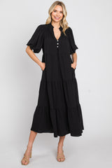 Black Bubble Sleeve Tiered Midi Dress