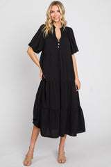 Black Bubble Sleeve Tiered Midi Dress