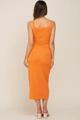 Orange Waffle Knit Snap Front Button Maternity Midi Dress