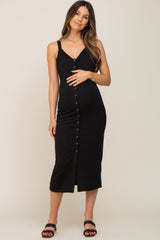 Black Waffle Knit Snap Front Button Maternity Midi Dress