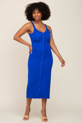 Royal Blue Waffle Knit Snap Front Button Midi Dress