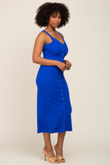 Royal Blue Waffle Knit Snap Front Button Midi Dress