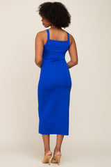 Royal Blue Waffle Knit Snap Front Button Midi Dress