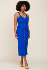 Royal Blue Waffle Knit Snap Front Button Midi Dress