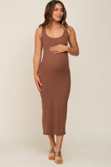 Brown Ribbed Basic Maternity Maxi Dress