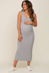 Heather Grey Ribbed Basic Maternity Maxi Dress