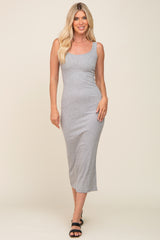 Heather Grey Ribbed Basic Maternity Maxi Dress