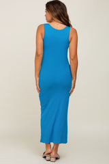 Blue Ribbed Basic Maternity Maxi Dress