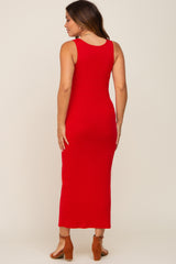 Red Ribbed Basic Maternity Maxi Dress