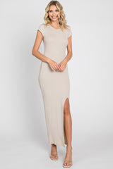 Beige Ribbed Side Slit Maxi Dress