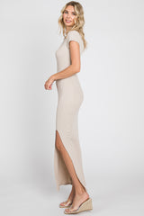 Beige Ribbed Side Slit Maxi Dress