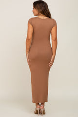 Brown Ribbed Side Slit Maternity Maxi Dress