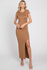 Brown Ribbed Side Slit Maxi Dress