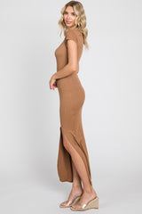 Brown Ribbed Side Slit Maxi Dress