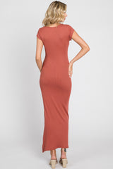 Rust Ribbed Side Slit Maxi Dress