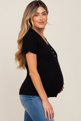 Black Ribbed Knit Button Maternity Top