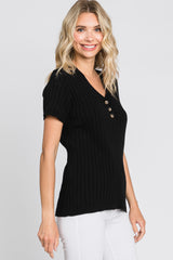 Black Ribbed Knit Button Top