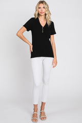 Black Ribbed Knit Button Top