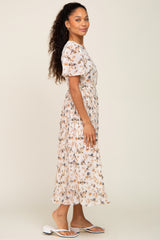 Ivory Floral Chiffon Pleated Short Sleeve Midi Dress