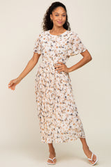 Ivory Floral Chiffon Pleated Short Sleeve Midi Dress