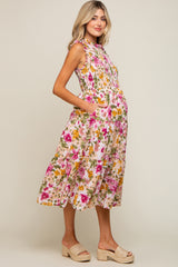 Ivory Floral Smocked Ruffle Neck Maternity Midi Dress