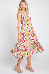 Ivory Floral Smocked Ruffle Neck Midi Dress