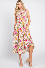 Ivory Floral Smocked Ruffle Neck Midi Dress