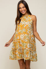 Orange Floral Tiered Ruffle Mock Neck Maternity Dress