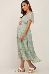 Mint Green Floral Chiffon Tiered Maternity Midi Dress