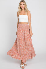 Rust Floral Smocked Waist Maternity Midi Skirt