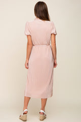 Light Pink Pleated Button-Down Collared Midi Dress