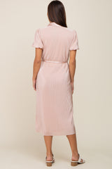 Light Pink Pleated Button-Down Collared Maternity Midi Dress