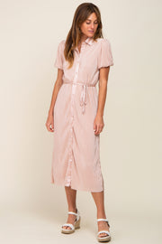 Light Pink Pleated Button-Down Collared Midi Dress