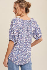 Blue Floral Button Front Short Sleeve Top