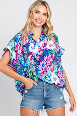 Navy Abstract Floral Button Down Maternity Top