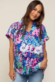 Navy Abstract Floral Button Down Maternity Top