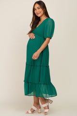 Forest Green Chiffon Smocked V-Neck Ruffle Tiered Maternity Midi Dress