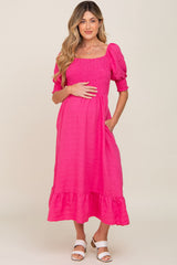 Fuchsia Square Neck Smocked Short Sleeve Maternity Midi Dress