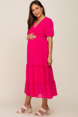 Fuchsia Chiffon Smocked V-Neck Ruffle Tiered Maternity Midi Dress