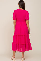 Fuchsia Chiffon Smocked V-Neck Ruffle Tiered Maternity Midi Dress