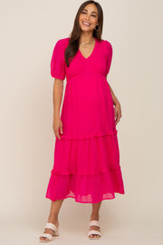 Fuchsia Chiffon Smocked V-Neck Ruffle Tiered Maternity Midi Dress