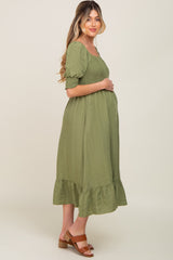 Olive Square Neck Smocked Short Sleeve Maternity Midi Dress