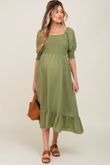 Olive Square Neck Smocked Short Sleeve Maternity Midi Dress