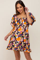 Multicolor Floral Pint Puff Sleeve Maternity Dress