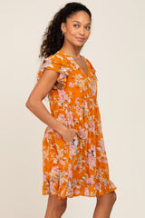 Orange Floral Flutter Sleeve Babydoll Dress