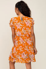 Orange Floral Flutter Sleeve Babydoll Dress