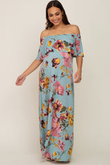 Mint Green Floral Off Shoulder Maternity Maxi Dress