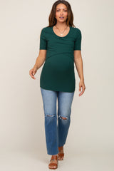 Forest Green Ribbed Wrap Front Maternity/Nursing Top