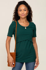 Forest Green Ribbed Wrap Front Maternity/Nursing Top