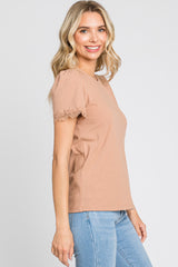 Taupe Ribbed Lace Trim Top